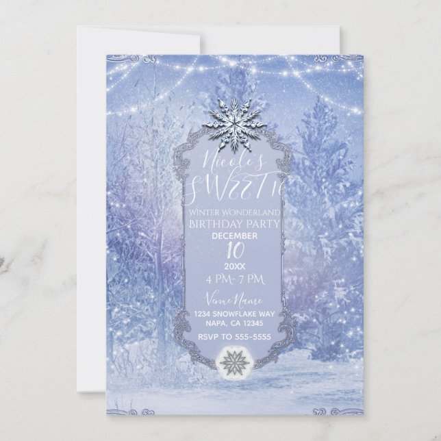 Winter Forest Pine Trees Snowflakes Sweet 16 Party Invitation (Front)