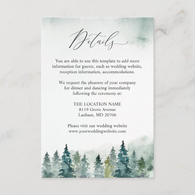 Winter Forest Pine Trees Wedding Reception Details Enclosure Card (Front)