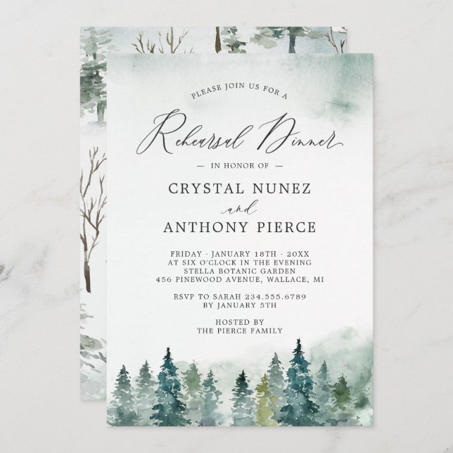 Winter Forest Pine Trees Wedding Rehearsal Dinner Invitation (Front/Back)