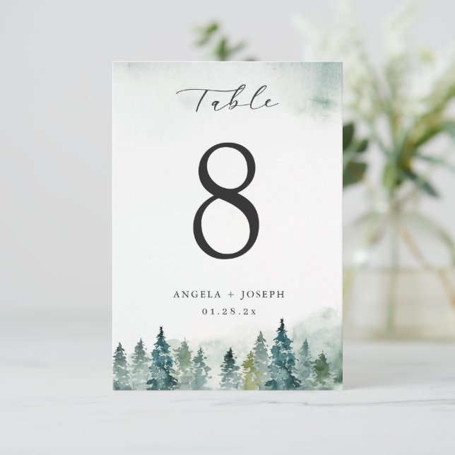 Winter Forest Pine Trees Wedding Table Number Card (Standing Front)