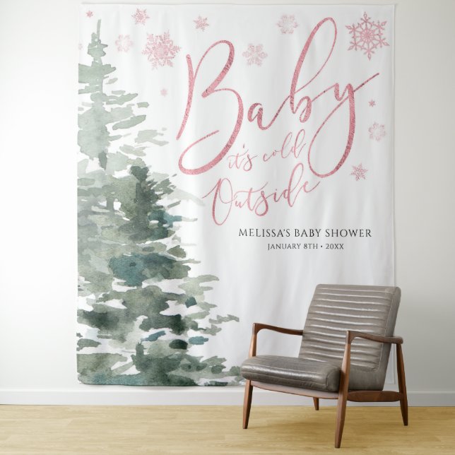 Winter Forest Pink Baby It's Cold Outside Backdrop Tapestry (In Situ)