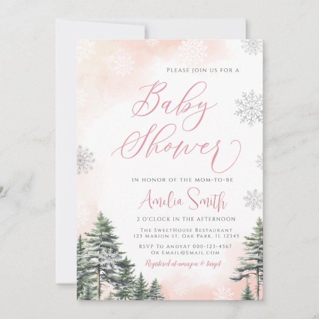Winter Forest Pink Girl Baby Shower Invitation (Front)