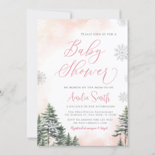 Winter Forest Pink Girl Baby Shower Invitation