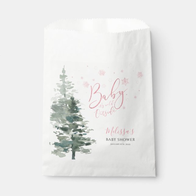 Winter Forest Pink It's Cold Outside Baby Shower Favour Bag (Front)