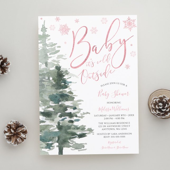 Winter Forest Pink It's Cold Outside Baby Shower Invitation (Creator Uploaded)