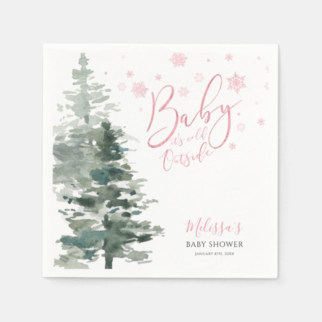 Winter Forest Pink It's Cold Outside Baby Shower Napkin (Front)
