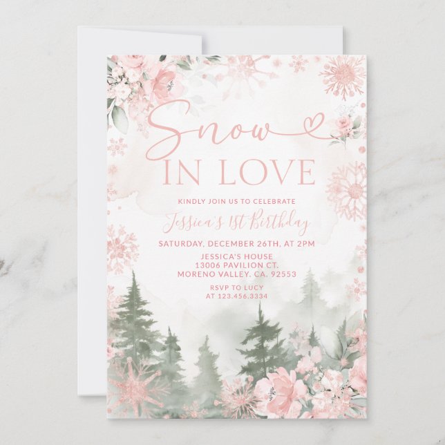 Winter Forest Pink Snow In Love Christmas Birthday Invitation (Front)