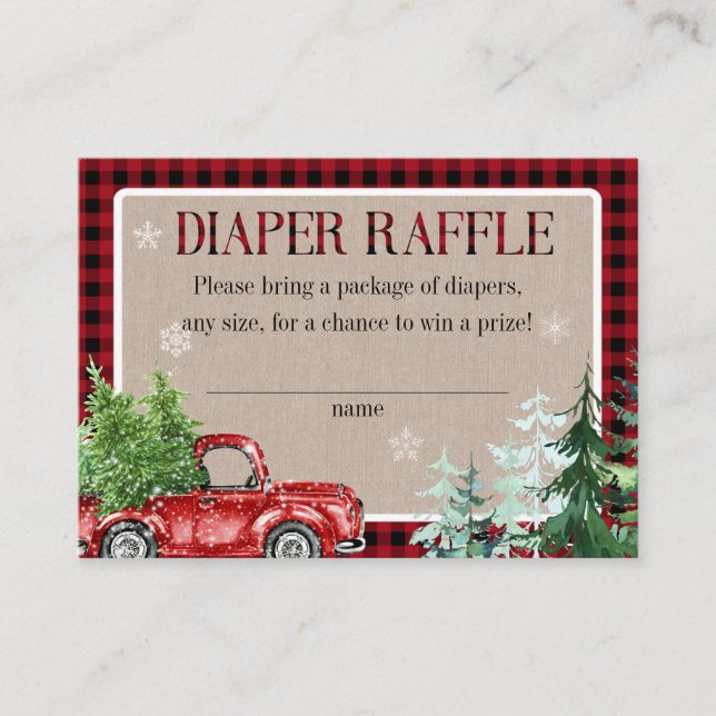 Winter Forest Red Truck Baby Shower Diaper Raffle Enclosure Card (Front)