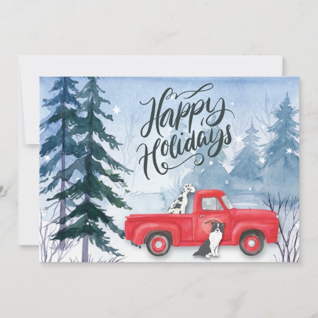 Winter Forest Red Truck Dog Corporate Business Holiday Card (Front)
