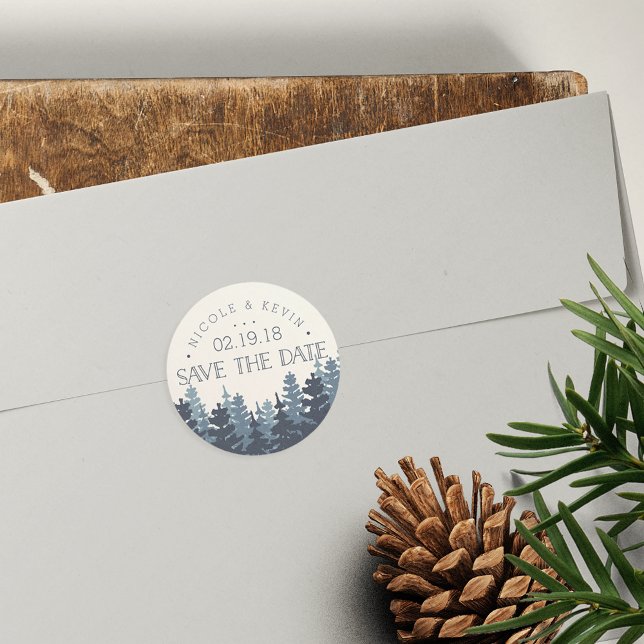 Winter Forest Save the Date Classic Round Sticker (Creator Uploaded)
