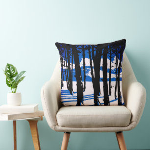 Winter Forest Shadows – Blue Minimal Nature Cushion