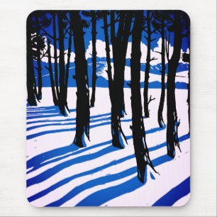 Winter Forest Shadows – Blue Minimal Nature Mouse Pad