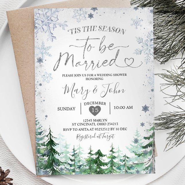Winter Forest Silver Snowflake Wedding Christmas Invitation (Creator Uploaded)