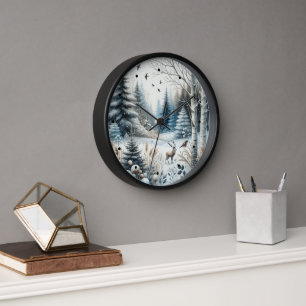 Winter Forest Snow Deer Trees Blue Clock