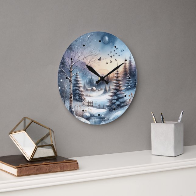 Winter Forest Snow House Trees Blue Pond Large Clock (Office)