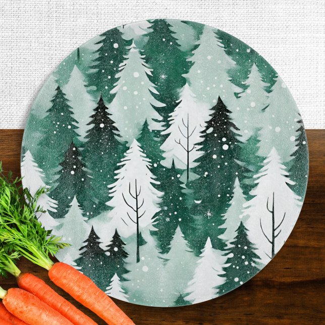 Winter Forest Snow Watercolor Evergreen Trees Cutting Board (A stylish glass cutting board, with winter forest snow scene in a watercolor style)
