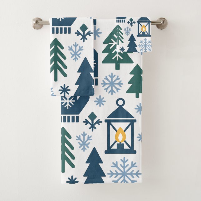 Winter Forest Snowflake Pattern Bath Towel Set (Insitu)