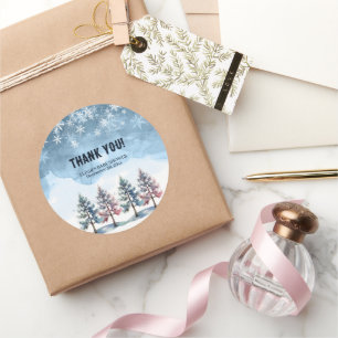 Winter Forest Snowflakes & Pine Trees Baby Shower Classic Round Sticker