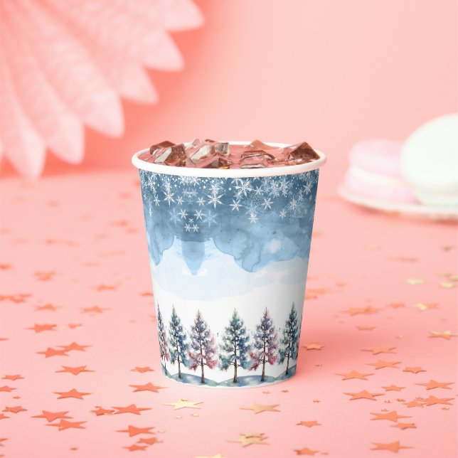 Winter Forest Snowflakes & Pine Trees Baby Shower Paper Cups (Insitu)