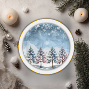 Winter Forest Snowflakes & Pine Trees Baby Shower Paper Plate