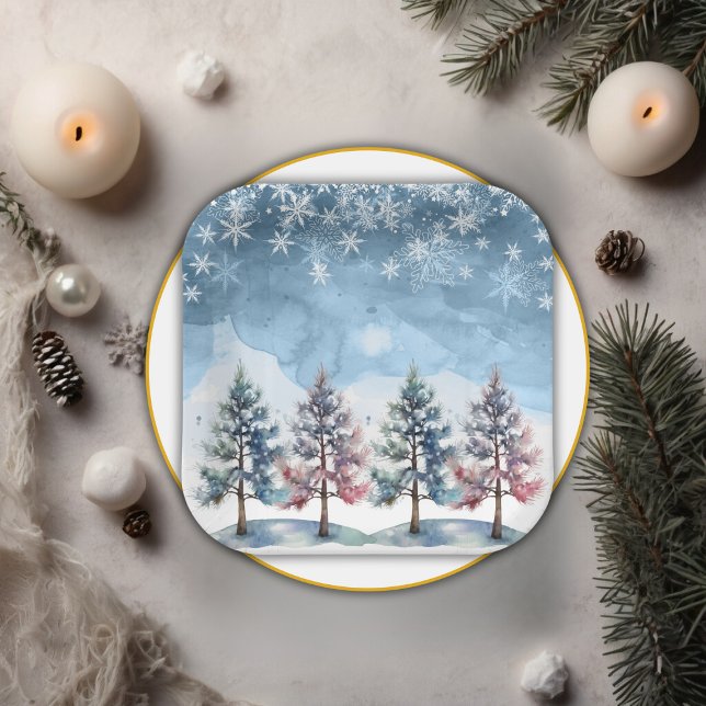 Winter Forest Snowflakes & Pine Trees Baby Shower Paper Plate (Creator Uploaded)