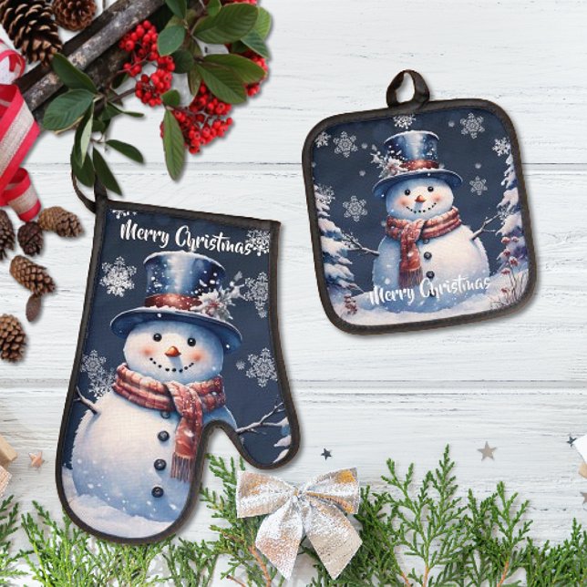 Winter Forest Snowman Christmas | Blue Oven Mitt & Pot Holder Set (Winter Forest Snowman Christmas Oven Mitt and Pot Holder Set)