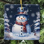 Winter Forest Snowman Christmas Ceramic Ornament<br><div class="desc">Add a charming touch to your tree this holiday season with a Winter Forest Snowman Christmas Holiday Ceramic Ornament. Ornament design features a cute snowman in a charming top hat and scarf standing in a winter forest scene with falling snow. Additional gift and holiday items available with this design as...</div>