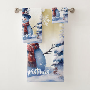 Winter Forest Snowman Christmas Gold Bath Towel Set