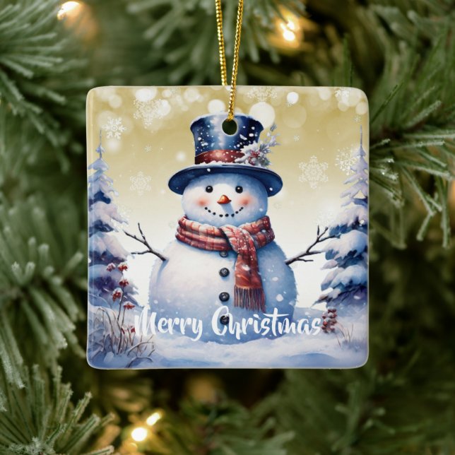Winter Forest Snowman Christmas | Gold Ceramic Ornament (Tree)