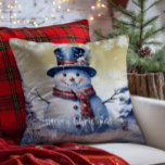 Winter Forest Snowman Christmas | Gold Cushion<br><div class="desc">Bring joy and whimsy to your seasonal decor with this charming Gold Winter Forest Holiday Throw Pillow. Featuring a smiling snowman dressed in a classic top hat and cosy scarf, the design captures the magic of a wintry scene with softly falling snow and delicate white snowflakes. Nestled among frosted trees,...</div>