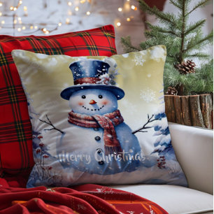 Winter Forest Snowman Christmas   Gold Cushion
