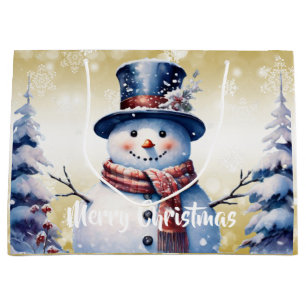 Winter Forest Snowman Christmas Gold Large Gift Bag