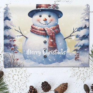 Winter Forest Snowman Christmas Gold Tea Towel