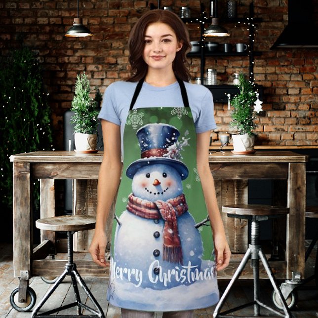 Winter Forest Snowman Christmas | Green Apron (Green Winter Forest Snowman Christmas Apron)