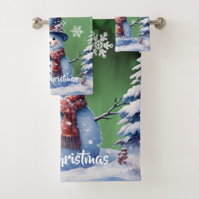 Winter Forest Snowman Christmas | Green Bath Towel Set (Insitu)