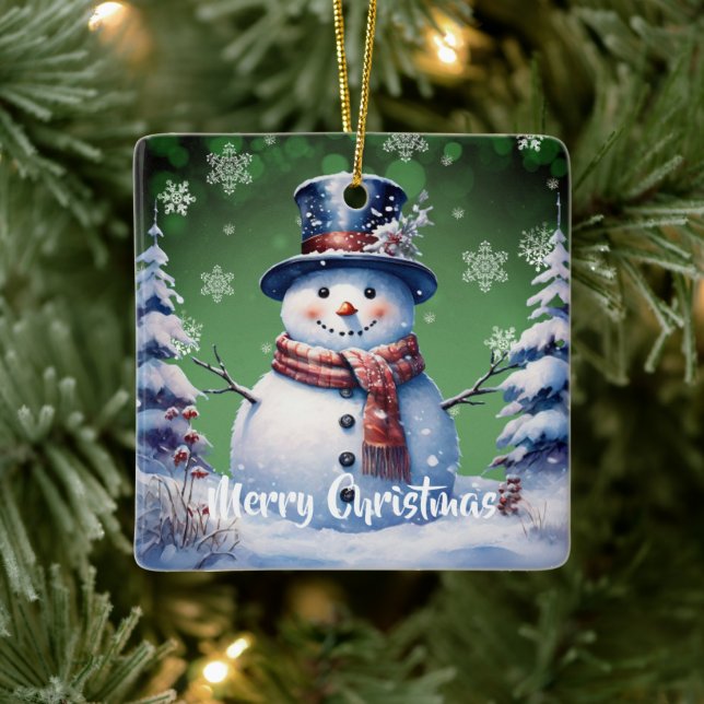 Winter Forest Snowman Christmas | Green Ceramic Ornament (Tree)