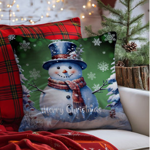 Winter Forest Snowman Christmas   Green Cushion