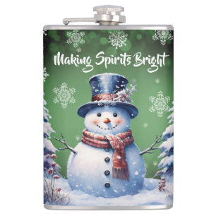 Winter Forest Snowman Christmas   Green Hip Flask