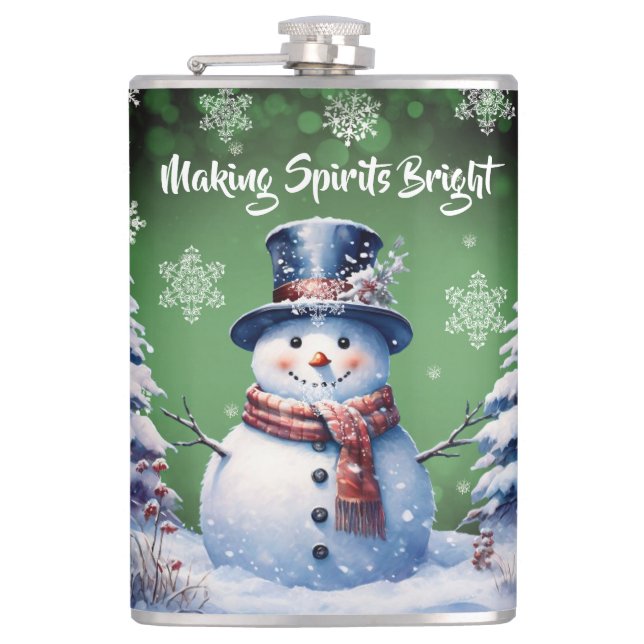 Winter Forest Snowman Christmas | Green Hip Flask (Front)