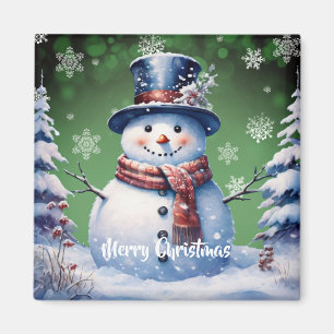 Winter Forest Snowman Christmas   Green Magnet