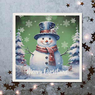 Winter Forest Snowman Christmas Green Napkin