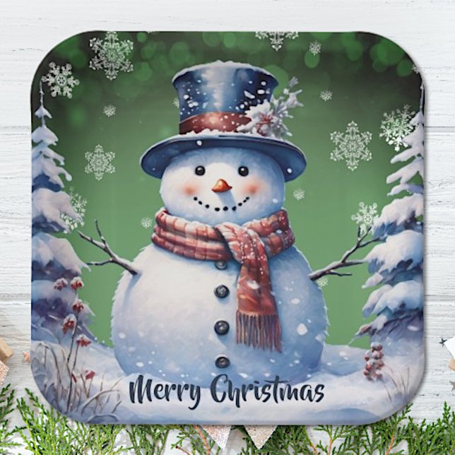 Winter Forest Snowman Christmas | Green Paper Plate (Green Winter Forest Snowman Christmas Paper Plates)