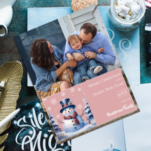 Winter Forest Snowman Christmas Photo Pink Holiday Card