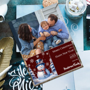 Winter Forest Snowman Christmas Photo   Red Holiday Card