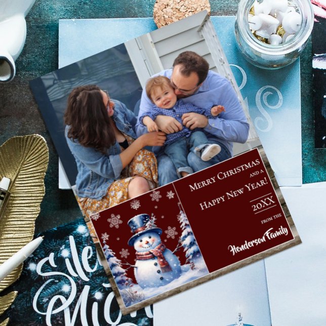 Winter Forest Snowman Christmas Photo | Red Holiday Card (Red Winter Forest Snowman Christmas Photo Holiday Card)