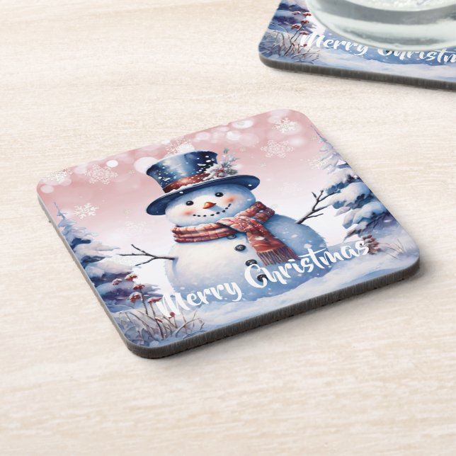 Winter Forest Snowman Christmas | Pink Coaster (Left Side)