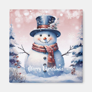 Winter Forest Snowman Christmas   Pink Magnet