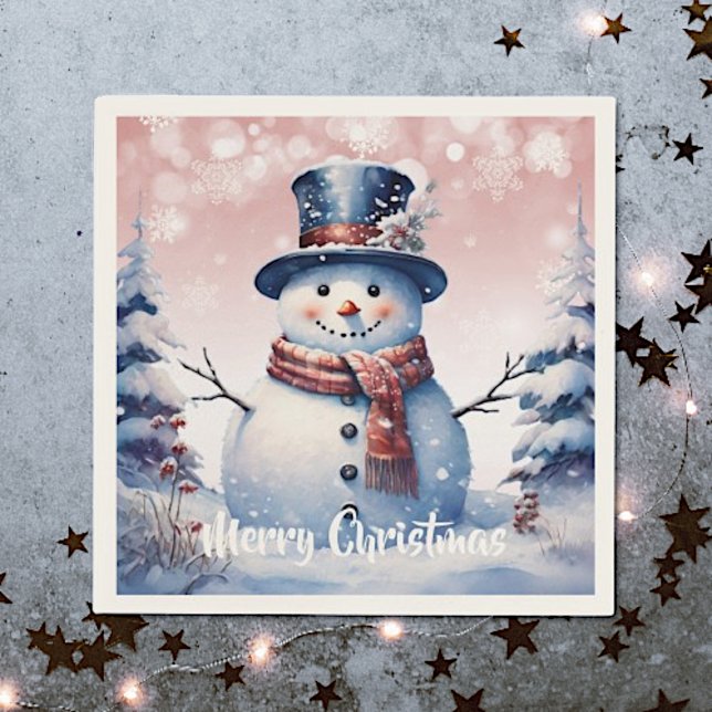 Winter Forest Snowman Christmas | Pink Napkin (Pink Winter Forest Snowman Christmas Napkins)