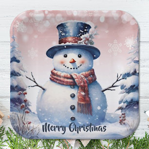 Winter Forest Snowman Christmas   Pink Paper Plate