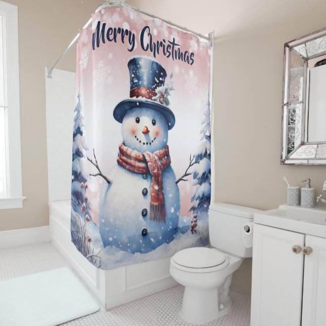 Winter Forest Snowman Christmas | Pink Shower Curtain (In Situ)
